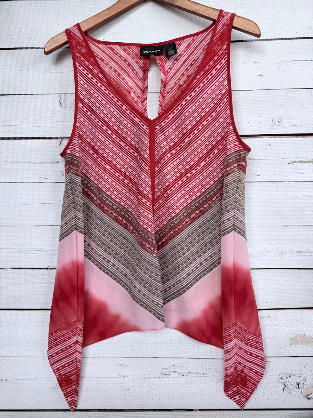 DKNY Jeans Cosmos Pink Red Geometric Handkerchief Hem Tank Top - Large - Picture 1 of 3